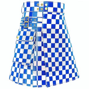 May include: A blue and white checkered kilt with gold-colored hardware. The kilt features a pocket on the front and adjustable straps with buckles. The design is a bold, eye-catching pattern.