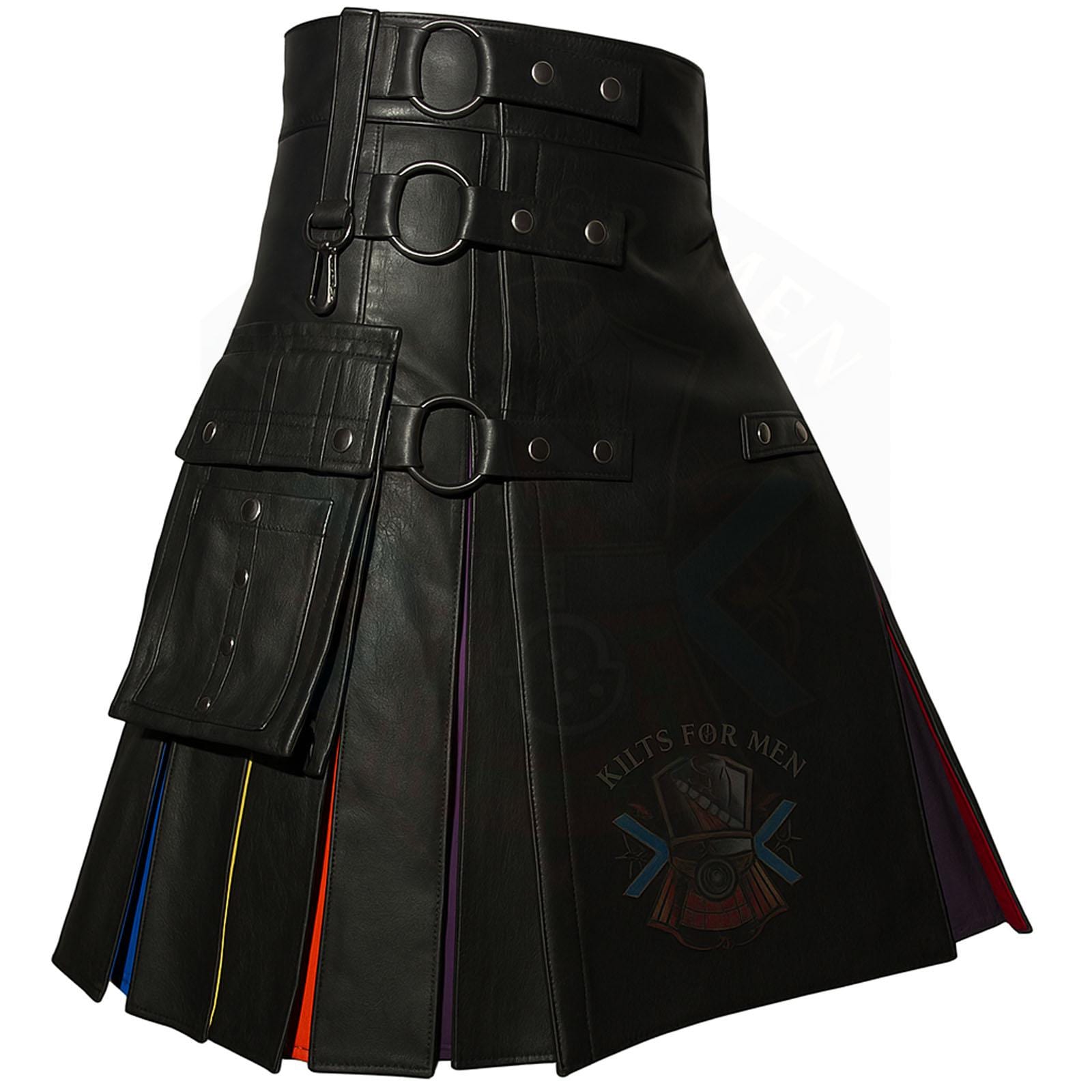 Black Leather Rainbow Pride – LGBT Hybrid Kilt for Men Festival