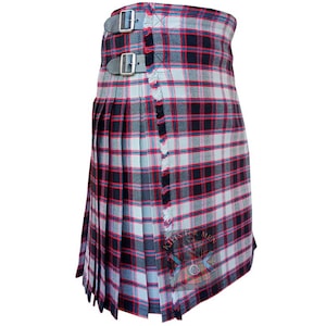 May include: A traditional kilt with a red, black and white tartan pattern. The kilt has a fringed edge and is secured with two leather buckles.