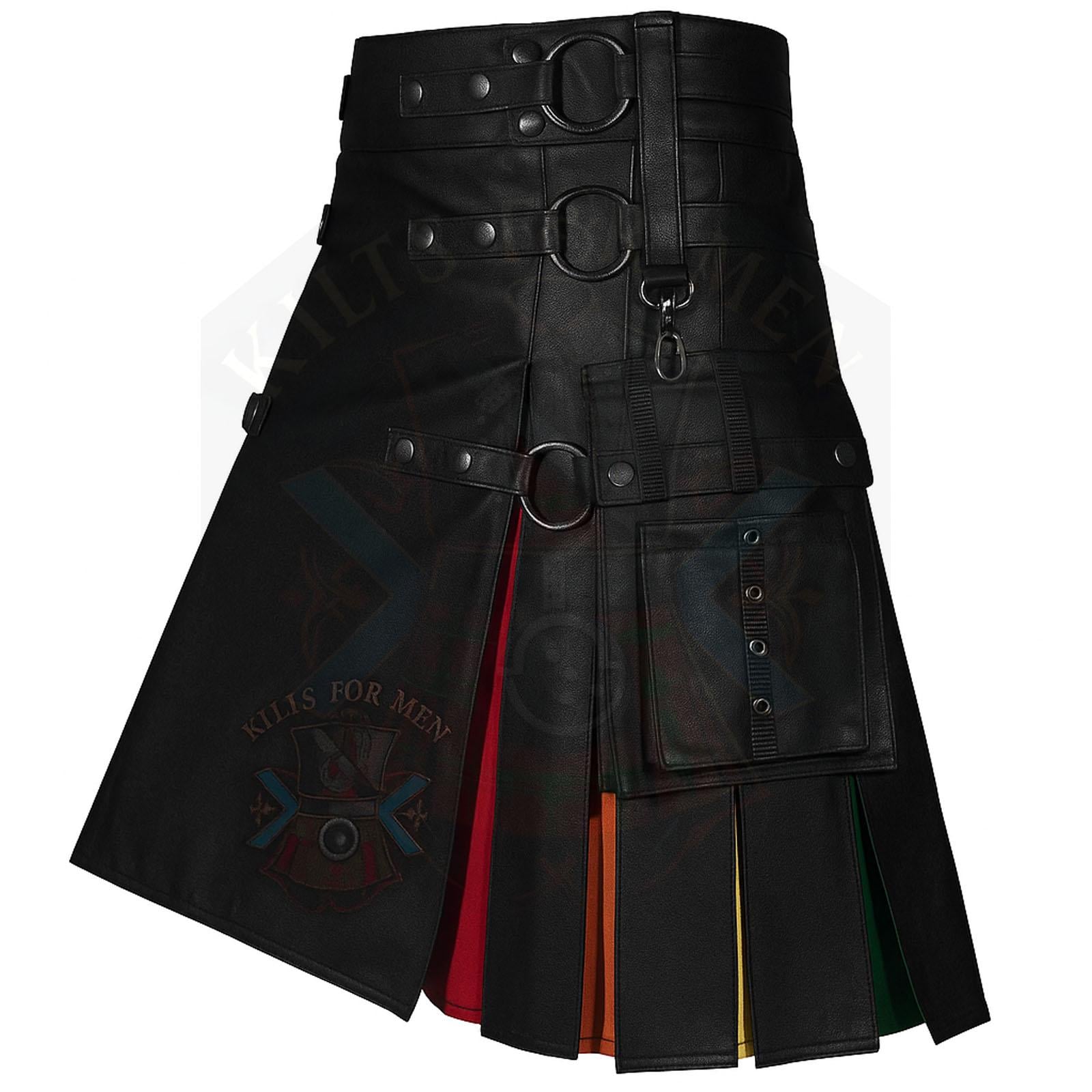 Black Leather Rainbow Pride – LGBT Hybrid Kilt for Men Festival