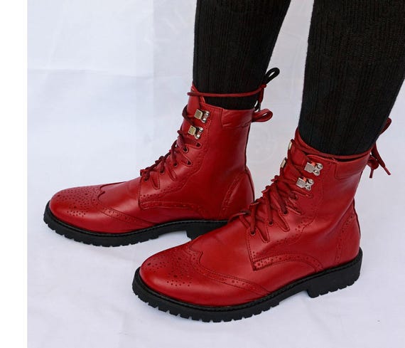 Men\'s Red Leather Lace-Up Boots Handmade Men Burgundy Lace Up Boots, Men Ankle Leather Boots  main image 2