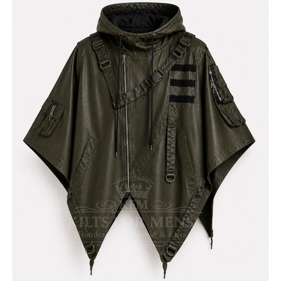 Olive Green Leather Techwear Poncho Hoodie – Men's Gothic