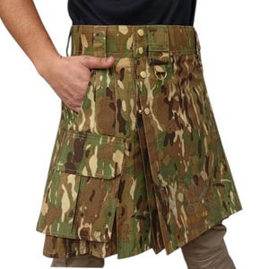 May include: A camouflage utility kilt with multiple pockets and a buckle closure. The kilt is made of a durable fabric and has a pleated design.