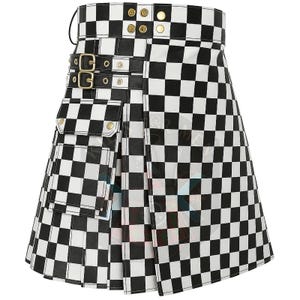 May include: A black and white checkered kilt with a pleated design. The kilt features two buckle straps, a pocket, and decorative metal rivets. The kilt is made of a shiny material.