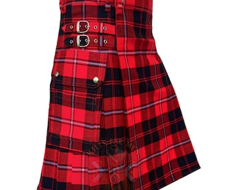 May include: A red and black plaid kilt with silver buckles and pockets. The kilt features a traditional tartan pattern and pleats, with a sturdy waistband and adjustable straps. The kilt is made of a durable fabric.