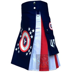 Captain America Utility Kilt for Men – Superhero Cosplay Kilt with Stars & Shield – Custom Comic Style Cotton Kilt Hybrid Kilt