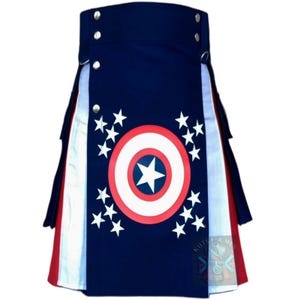 Captain America Utility Kilt for Men – Superhero Cosplay Kilt with Stars & Shield – Custom Comic Style Cotton Kilt Hybrid Kilt