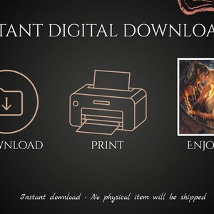 May include: Black background with rose gold accents and text that reads "INSTANT DIGITAL DOWNLOAD." Includes icons for download, print, and enjoy. A romantic image of two people kissing is featured. The text "Instant download &bull; No physical item will be shipped" is also present.