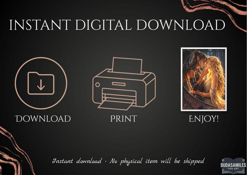 May include: Black background with rose gold accents and text that reads "INSTANT DIGITAL DOWNLOAD." Includes icons for download, print, and enjoy. A romantic image of two people kissing is featured. The text "Instant download &bull; No physical item will be shipped" is also present.