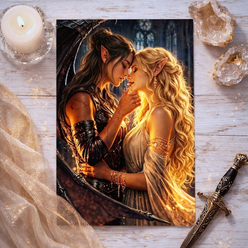 May include: A fantasy art print featuring two elven figures embracing. One figure has dark hair and is clad in armor, while the other has blonde hair and wears a flowing gown. The artwork is set against a backdrop of a gothic interior, with a candle and crystals nearby.