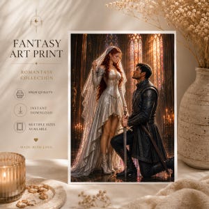 May include: A fantasy art print featuring a woman in a silver gown and veil standing before a man in black armor kneeling with a sword. The text reads FANTASY ART PRINT, ROMANTASY COLLECTION, HIGH QUALITY, INSTANT DOWNLOAD, MULTIPLE SIZES AVAILABLE.