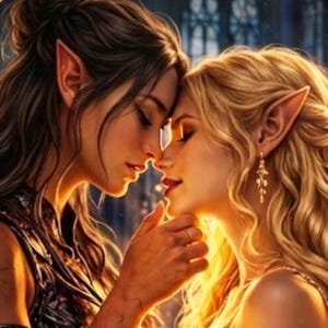 May include: An artistic digital illustration of two women with pointed ears, possibly elves, in an intimate embrace. One has dark hair, the other blonde. They are touching foreheads, with a soft, warm light illuminating them.