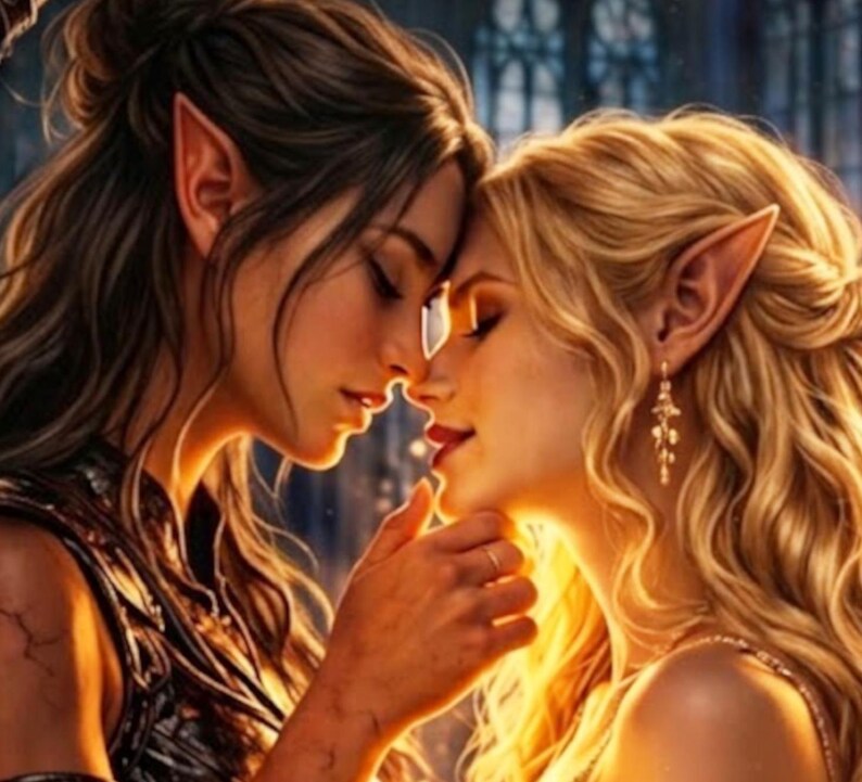 May include: An artistic digital illustration of two women with pointed ears, possibly elves, in an intimate embrace. One has dark hair, the other blonde. They are touching foreheads, with a soft, warm light illuminating them.