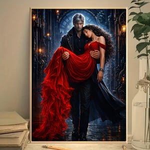 Puede incluir: Una impresión enmarcada representa a un hombre con un abrigo negro que lleva a una mujer con un vestido rojo fluido. El fondo presenta un paisaje urbano oscuro y detallado con iluminación cálida, creando una escena romántica y dramática.