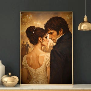 Puede incluir: Una obra de arte enmarcada representa una escena romántica de un hombre y una mujer mirándose. La mujer lleva un vestido blanco y el hombre un abrigo negro. El fondo muestra un salón de baile con candelabros y figuras bailando.