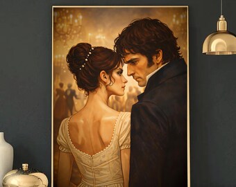 Sztuka ścienna „Duma i uprzedzenie” – Romantyczny wydruk Darcy'ego i Elizabeth – Dekoracja inspirowana Jane Austen w stylu regencji – Prezent dla miłośnika książek