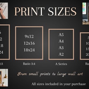 May include: An image displaying print sizes for wall art. The sizes are listed in inches, including 4x6, 8x12, 12x18, 16x24, 9x12, 12x16, 18x24, A5, A4, A3, A2, 5x7, 10x14, 15x21, and 20x28. The text reads "From small prints to large wall art."