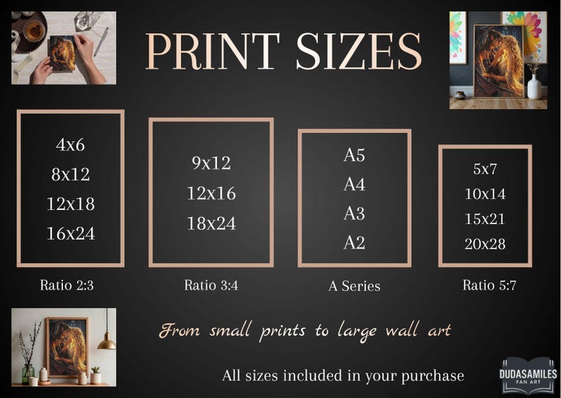 May include: An image displaying print sizes for wall art. The sizes are listed in inches, including 4x6, 8x12, 12x18, 16x24, 9x12, 12x16, 18x24, A5, A4, A3, A2, 5x7, 10x14, 15x21, and 20x28. The text reads "From small prints to large wall art."