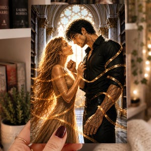 Puede incluir: Una impresión artística rectangular que presenta una ilustración de fantasía de dos figuras frente a frente en una gran biblioteca. Una persona con cabello largo y ondulado viste un vestido dorado brillante, mientras que la otra viste una camisa negra. Cintas doradas brillantes envuelven a ambas figuras, y patrones oscuros similares a venas aparecen en la piel de la persona vestida de negro.