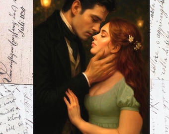 May include: Romantic painting of a man and woman embracing. The man, in a black coat, gently holds the woman's face. She wears a green dress and has red hair adorned with flowers. Handwritten script and faded paper edges frame the couple.
