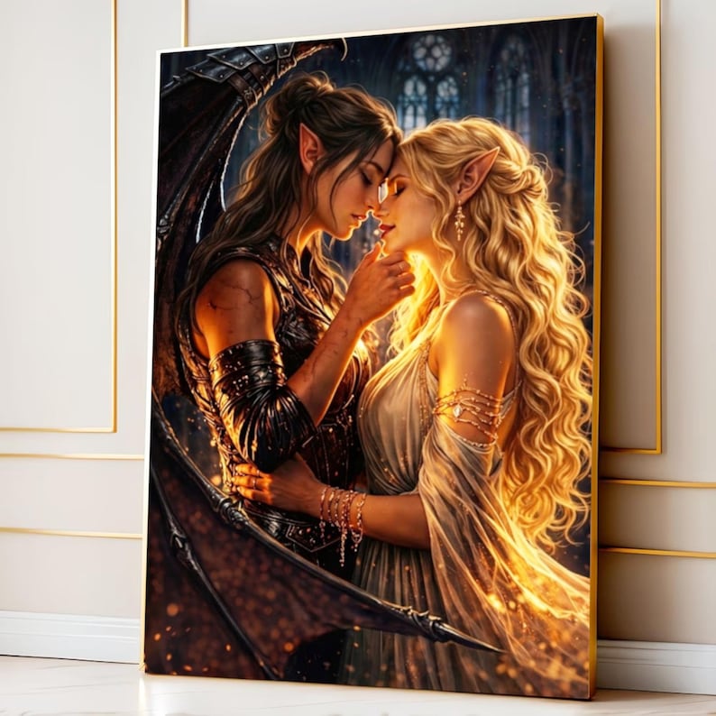 May include: A framed canvas art print featuring two elven figures in an embrace. One figure has dark hair and is wearing armor, while the other has blonde hair and a flowing gown. The background depicts a gothic cathedral.
