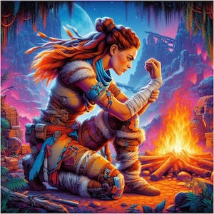 Puede incluir: Una mujer con cabello rojo y un atuendo azul y marrón se arrodilla cerca de una fogata en un paisaje postapocalíptico. Lleva una correa de cuero con una bolsa en la cadera y una envoltura azul y marrón alrededor del brazo.