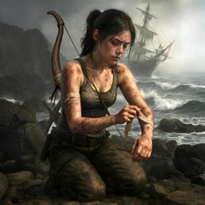 Puede incluir: Ilustración digital de una mujer arrodillada en una orilla rocosa, atendiendo una herida. Viste un top y pantalones verdes, con un arco y flechas cerca. Un barco es visible en el mar tormentoso detrás de ella. La escena evoca supervivencia y aventura.