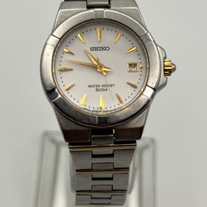 Vintage Seiko Watch Women Silver Tone Band Day Date 7N82-6F50 White Dial w/ Gold Hands- Working - New Battery