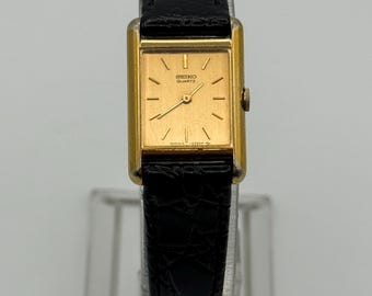 Vintage Seiko Quartz Watch Womens Gold on Gold Tone 1400-5039 Gold Dial Tank Watch