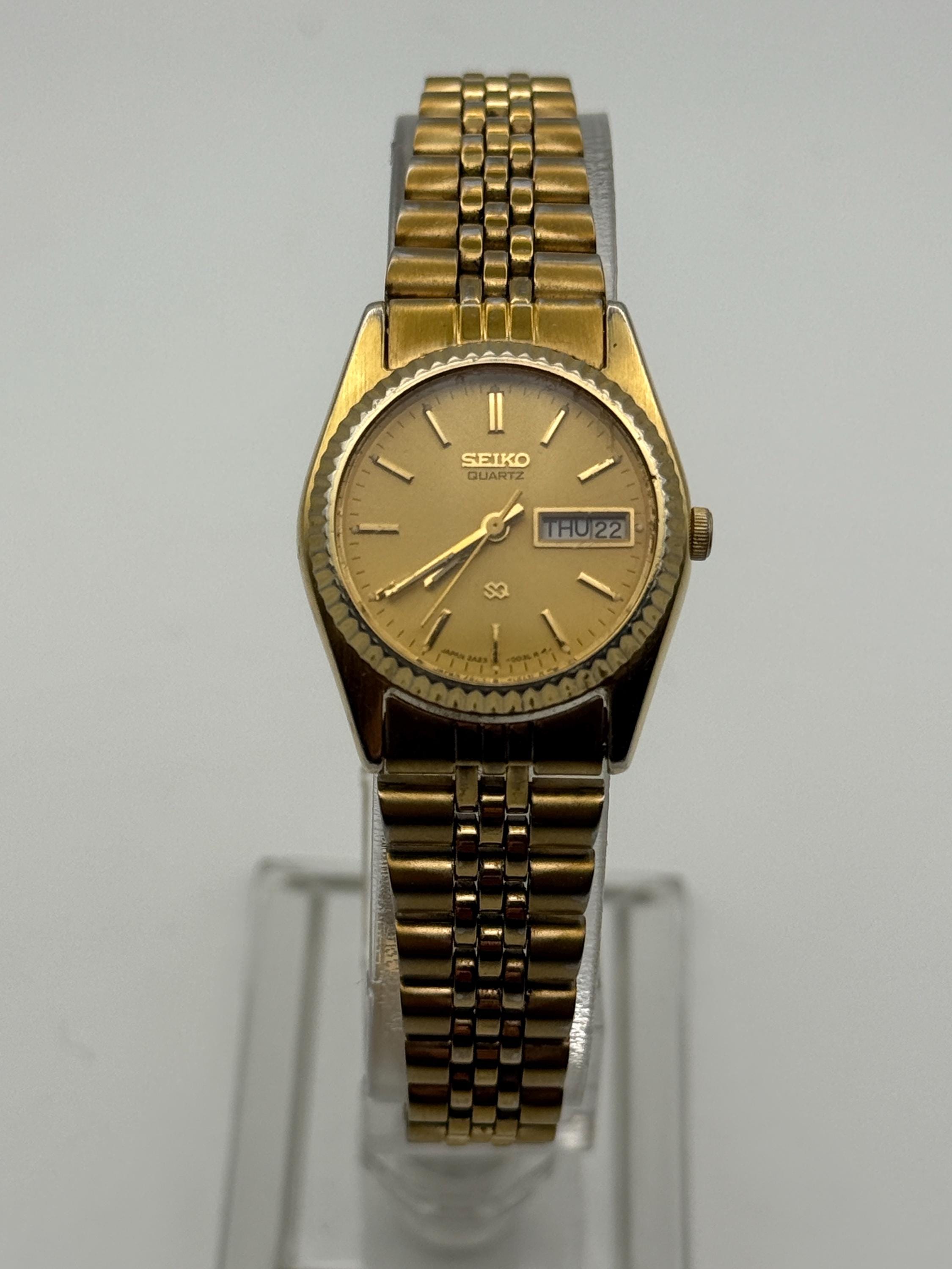 Vintage Seiko SQ Watch Women Gold Tone Jubilee Day Date 2A23-0039