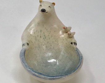 Bear with a bowl and two birds - little sculpture