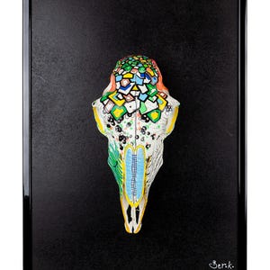 Peut inclure: Un crâne d'animal peint avec un motif géométrique coloré, dans des tons de vert, bleu, jaune, rouge et blanc, est présenté dans un cadre noir. Le crâne est monté sur un fond noir. La signature de l'artiste, "Berk.", est visible dans le coin inférieur droit du cadre.
