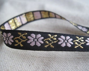 Mountain Flower in PINK and GOLD on Black jacquard woven  ribbon