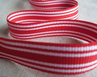 RED and WHITE  flat woven striped ribbon