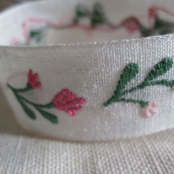 Pink Flowers on Natural linen ribbon