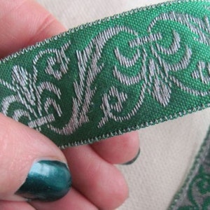 Corinthian Plume Jacquard Ribbon in SILVER  and emerald GREEN