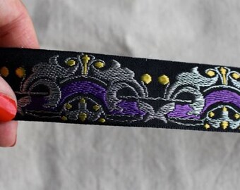 Kings High Court Jacquard woven ribbon in SILVER Purple and Yellow on Black