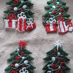 GREEN, RED and WHITE Christmas tree with Presents applique trim (set of 4)