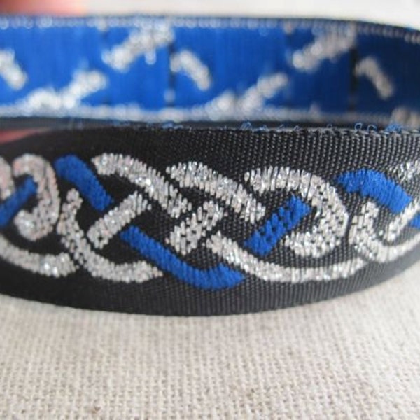 ROYAL blue and SILVER on BLACK never-ending knot jacquard ribbon