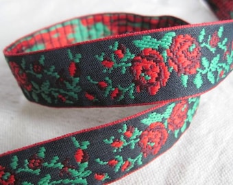 Rose Garden RED on BLACK woven jacquard woven ribbon
