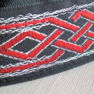 Celtic Dragon Knot Jacquard ribbon RED and SILVER  on BLACK