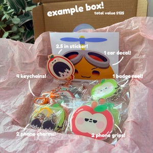 May include: A cardboard box filled with pink tissue paper containing a 2.5 inch sticker, a car decal, four keychains, one badge reel, two phone charms, and two phone grips. The items feature colorful cartoon illustrations of fruit and characters.