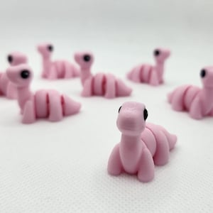 Mini Articulated Brontosaurus - Set of 7, 3D Printed - Pink - 1.5 inches Long