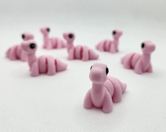 Mini Articulated Brontosaurus - Set of 7, 3D Printed - Pink - 1.5 inches Long