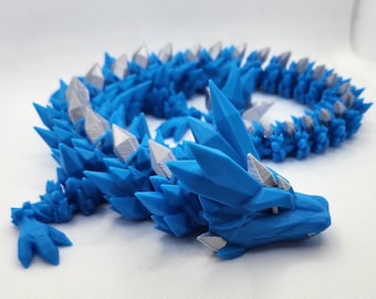 Blue and Silver Crystal Dragon, Articulated, 3D Printed, 21 Inches Long