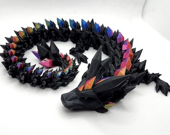 Black and Shiney Rainbow Crystal Dragon, Articulated, 3D Printed, 21 Inches Long
