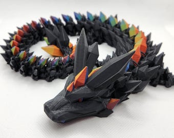 Black and Rainbow Crystal Dragon, Articulated, 3D Printed, 21 Inches Long