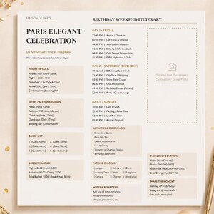 Peut inclure: Un itinéraire beige pour une célébration à Paris, avec le texte "Paris Elegant Celebration" et "Birthday Weekend Itinerary". Comprend les détails du vol, les informations sur l'hôtel et une liste d'invités. Champagne, figurines de la Tour Eiffel et fleurs décorent la scène.