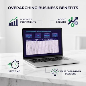 Puede incluir: Un portátil plateado muestra una descripción general del rendimiento de 12 meses con gráficos de datos. La imagen incluye iconos y texto que resaltan los beneficios comerciales: maximizar la rentabilidad, impulsar el crecimiento, ahorrar tiempo y tomar decisiones basadas en datos.