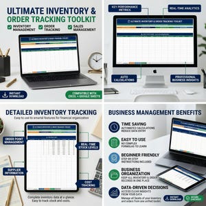 Può includere: Un toolkit digitale per il monitoraggio dell'inventario e degli ordini visualizzato su laptop, tablet e un monitor desktop. Il toolkit include funzionalità per la gestione dell'inventario, il monitoraggio degli ordini e la gestione delle vendite. Il testo include "Download istantaneo".